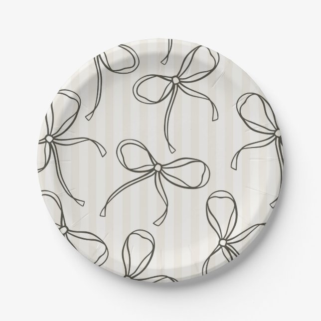 Black Coquette Bow Beige Striped Table Decor Paper Plate (Front)