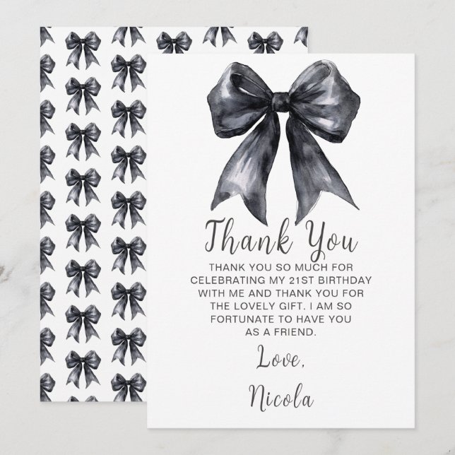 Black Coquette Bow Birthday Party Thank You Card (Front/Back)