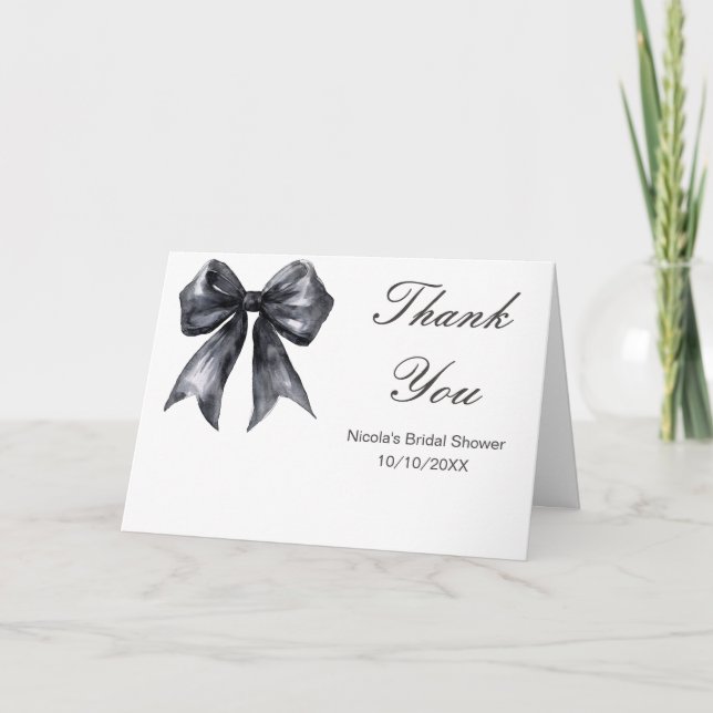 Black Coquette Bow Bridal Shower Thank You Card (Front)