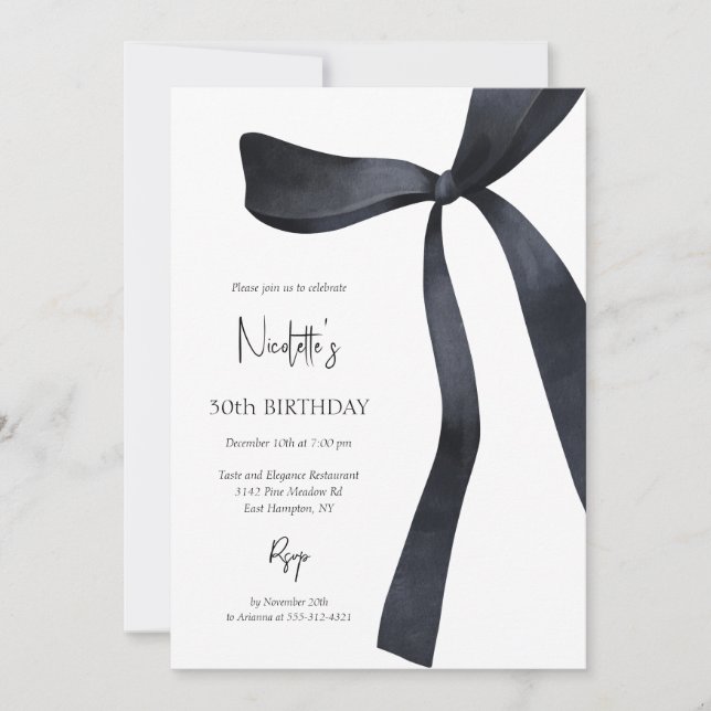 Black Coquette Bow Elegant 30th Birthday Invitation (Front)