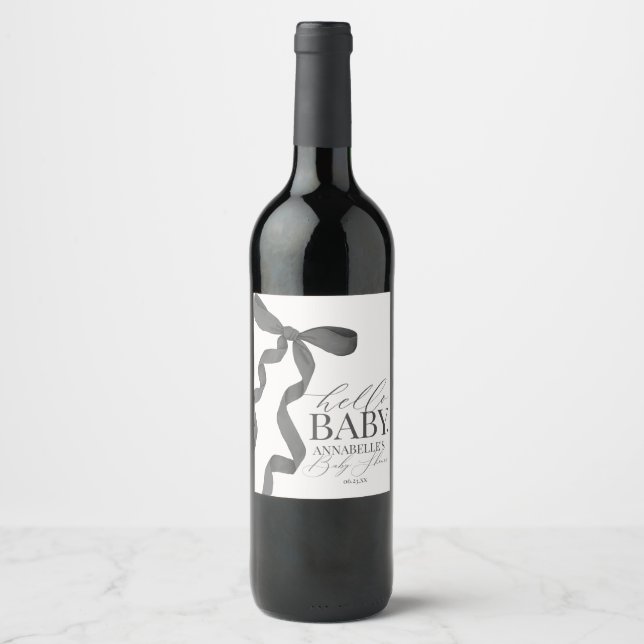 Black Coquette Bow Girl Baby Shower Favours Wine Label (Front)
