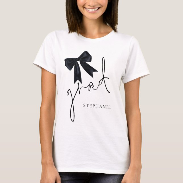 Black Coquette Bow Name Script Grad Graduation T-Shirt (Front)