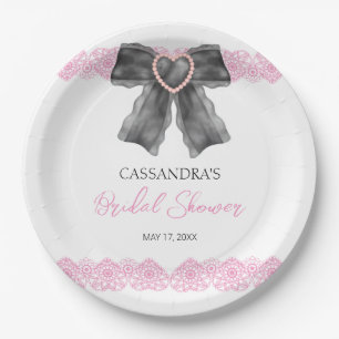 Black Coquette Bow Pink Lace Bridal Shower Paper Plate