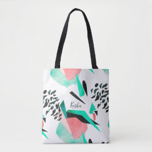 Black Coral and Aqua Abstract Print with Name Tote Bag