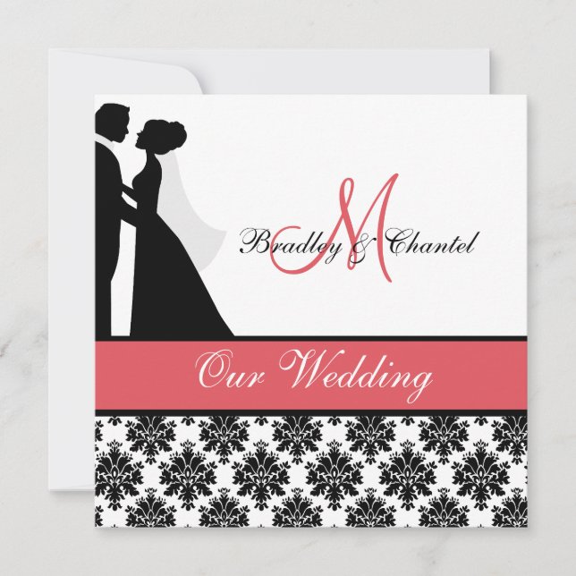Black, Coral, and White Couple Wedding Invitation (Front)