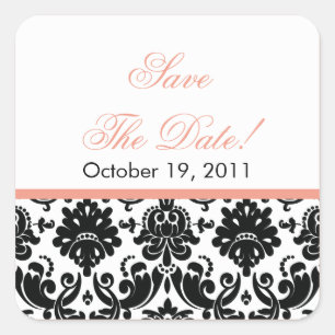 Black & Coral Damask Save the Date Wedding Sticker