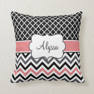 Black Coral Quatrefoil Chevron Personalized Throw Pillow