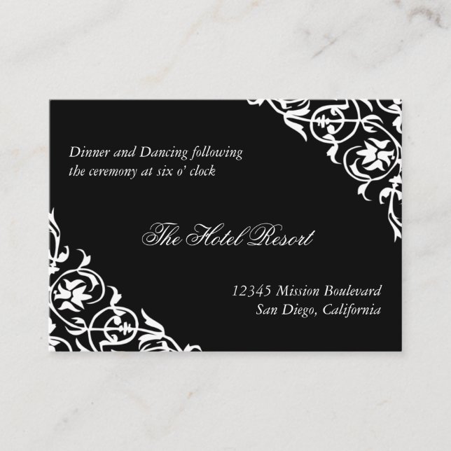 Black corner scroll wedding reception enclosure card (Front)
