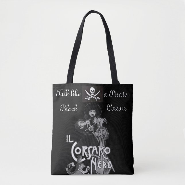 BLACK CORSAIR Pirate Flag Skull and Crossed Swords Tote Bag (Front)