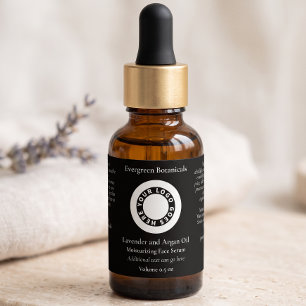 Black cosmetics dropper bottle label with logo