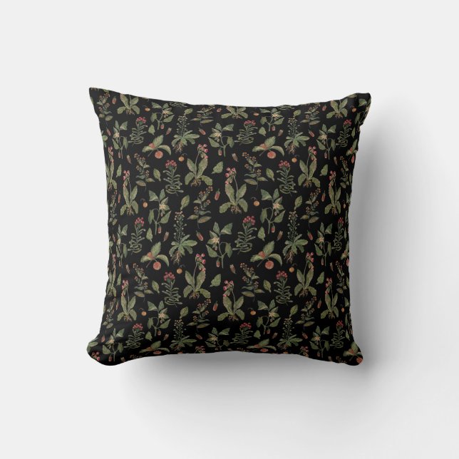Black Cottagecore Herb  Throw Pillow (Front)
