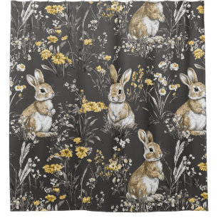 Black Cottagecore Rabbit Floral Toile Pattern