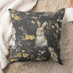 Black Cottagecore Rabbit Floral Toile Pattern Throw Pillow