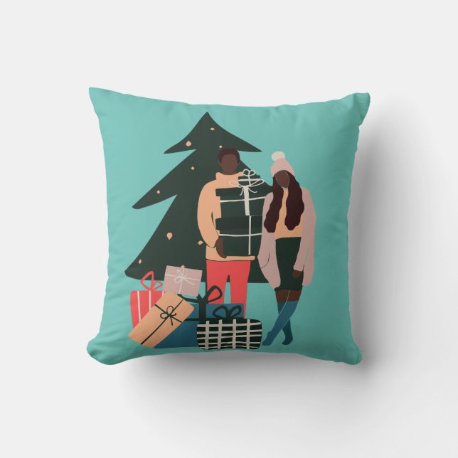 Black Couple First Christmas Throw Pillow (Front)