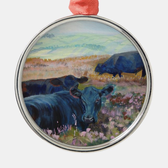 Black cow lying down christmas tree ornament (Front)