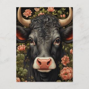 Black Cow with Curly Hair in the Flowers Postcard
