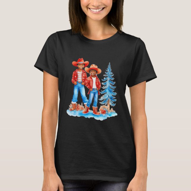 Black Cowboy Cowgirl Couple Winter Christmas Scene T-Shirt (Front)