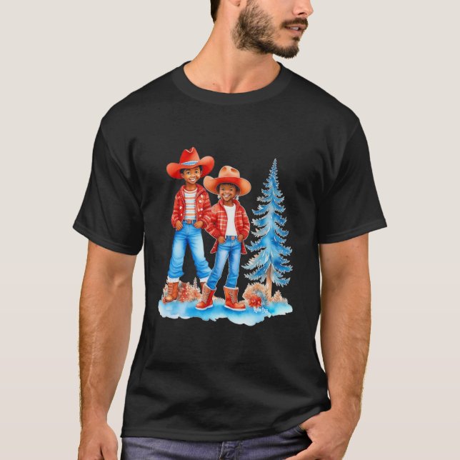 Black Cowboy Cowgirl Couple Winter Christmas Scene T-Shirt (Front)