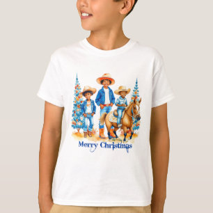 Black Cowboy Cowgirl Kids With Horse Merry Christm T-Shirt