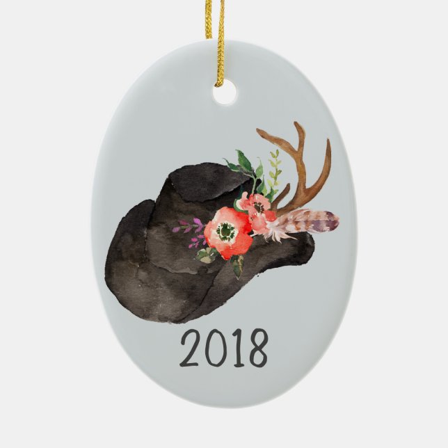 Black Cowboy Hat  Keepsake Year Ceramic Ornament (Back)