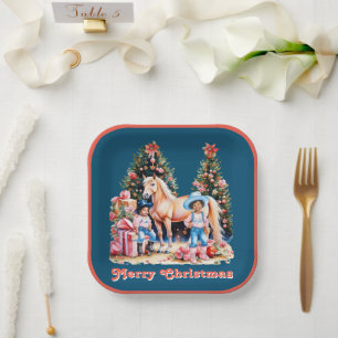 Black Cowgirl Winter Scene Horse Merry Christmas Paper Plate