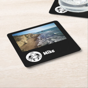 Black Crab Monogram Photo Name Square Paper Coaster