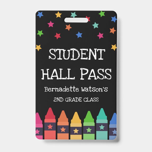 Black Crayons & Stars Colourful Student Hall Pass Badge (Front)