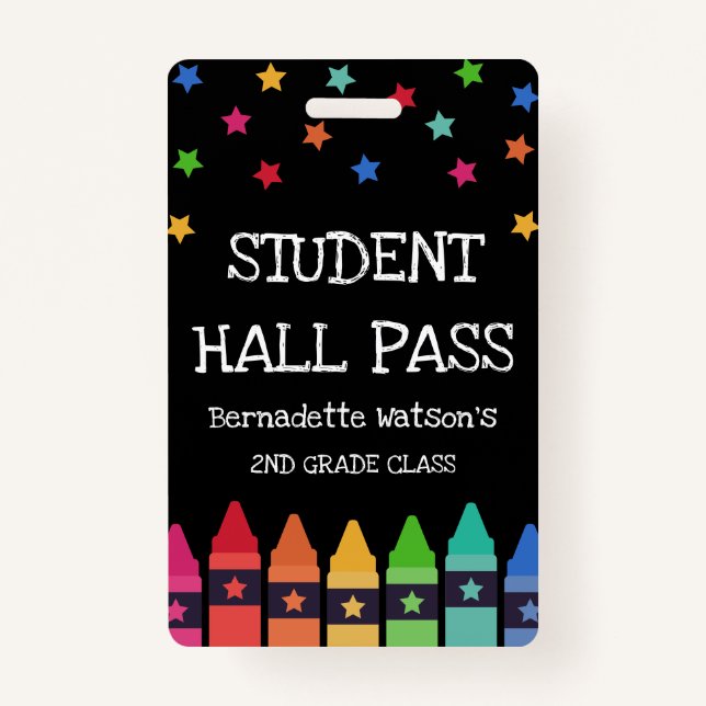 Black Crayons & Stars Colourful Student Hall Pass Badge (Front)