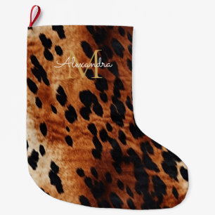 Black Cream Brown Cowhide Gold Monogram  Large Christmas Stocking