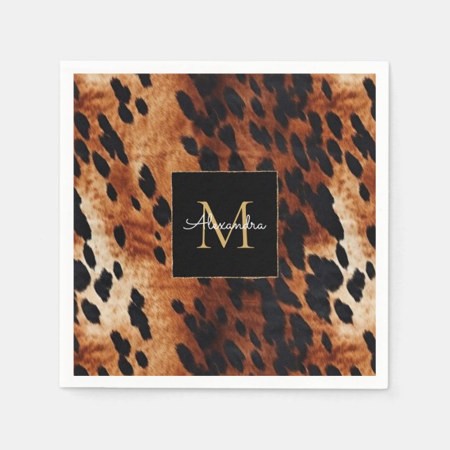 Black Cream Brown Cowhide Gold Monogram  Napkin (Front)