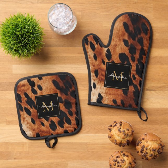 Black Cream Brown Cowhide Gold Monogram  Oven Mitt & Pot Holder Set (Top Down)