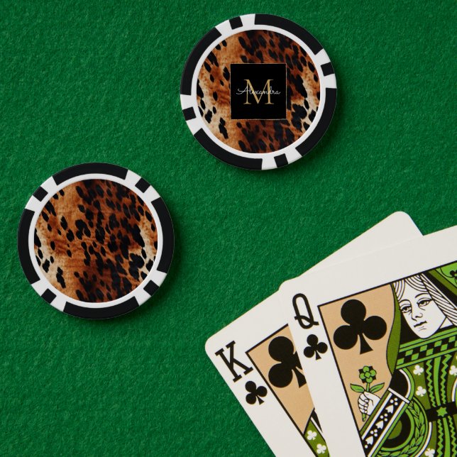 Black Cream Brown Cowhide Gold Monogram  Poker Chips (Poker Table (Double))