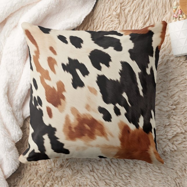 Black Cream Brown Cowhide   Throw Pillow (Blanket)
