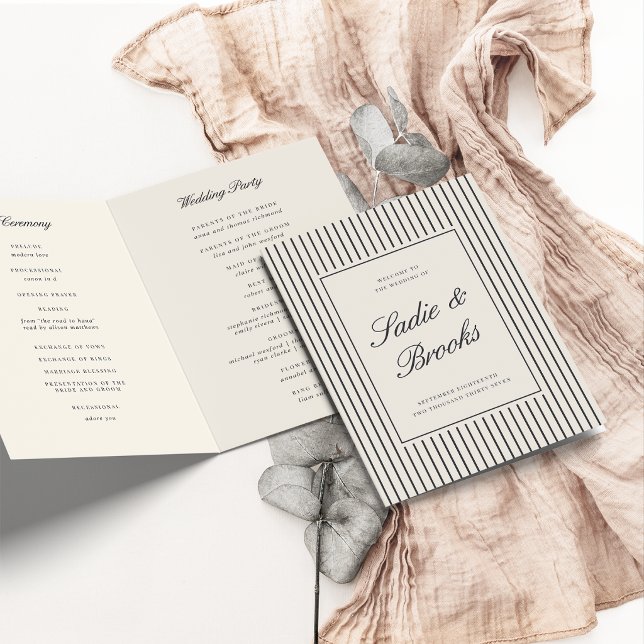 Black & Cream Classic Script Pinstripe Wedding Program (Creator Uploaded)