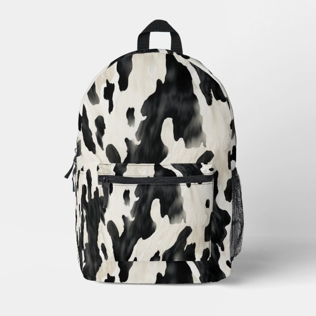 Black Cream Cow Animal Print Printed Backpack (Front)