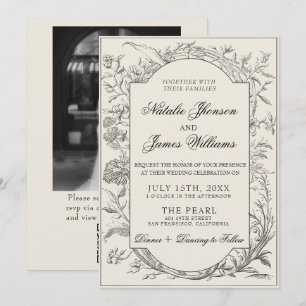 Black Cream Floral Botanical QR Code Photo Wedding Invitation