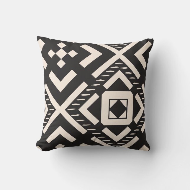 Black Cream Geometric Abstract Square Throw Pillow (Front)