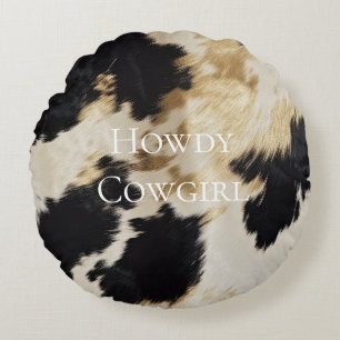 Black Cream Gold Western Cowhide Round Pillow