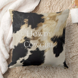 Black Cream Gold Western Cowhide Throw Pillow