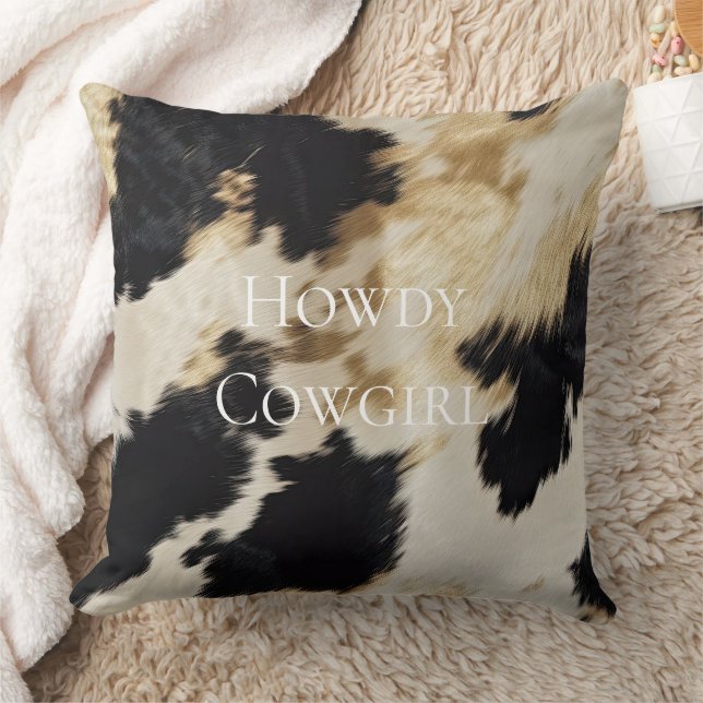 Black Cream Gold Western Cowhide Throw Pillow (Blanket)