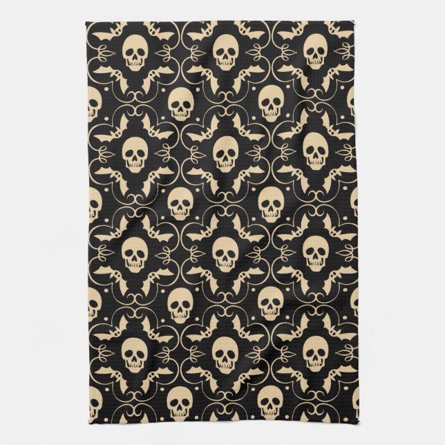 Black & Cream Halloween Skulls & Bats Kitchen Towel (Vertical)