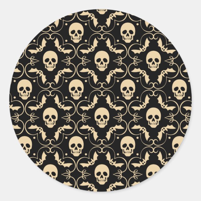 Black & Cream Halloween Skulls & Bats Party Classic Round Sticker (Front)
