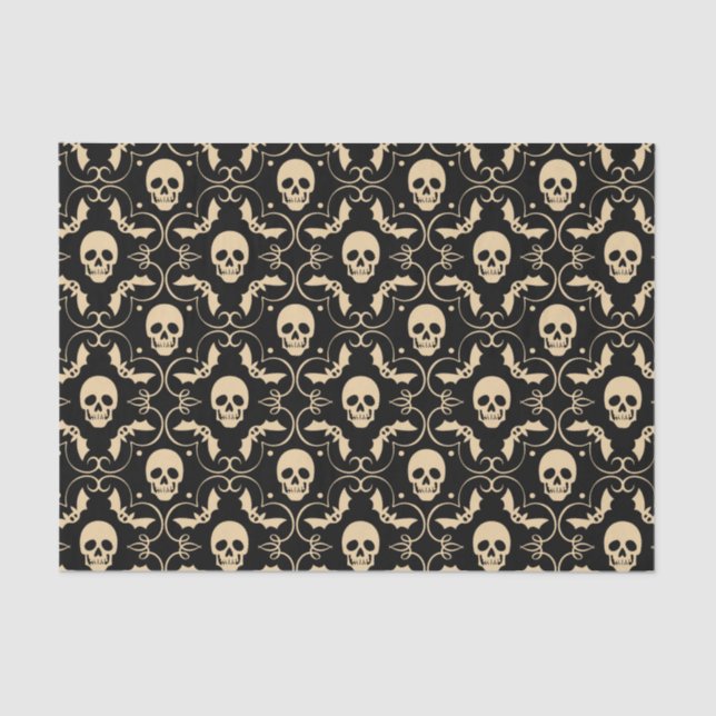 Black & Cream Halloween Skulls & Bats Party Tissue Paper (Front)