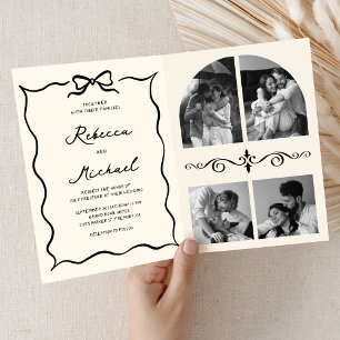 Black Cream Hand Drawn Bow QR Code Photo Wedding Invitation