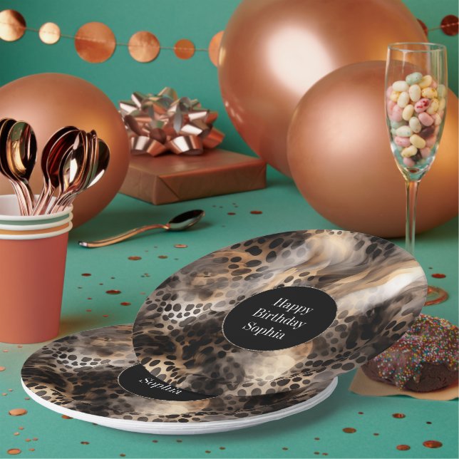 Black Cream Leopard Animal Birthday Paper Plate (Multi)