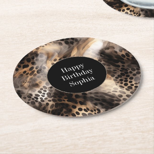 Black Cream Leopard Animal Birthday Round Paper Coaster (Angled)