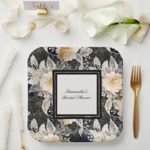 Black Cream Leopard Animal Floral Bridal Shower Paper Plate