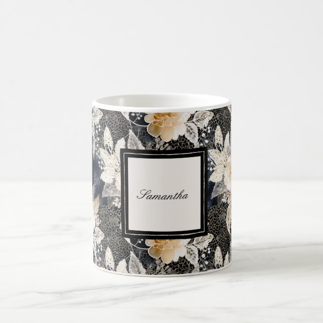 Black Cream Leopard Animal Floral  Coffee Mug (Center)