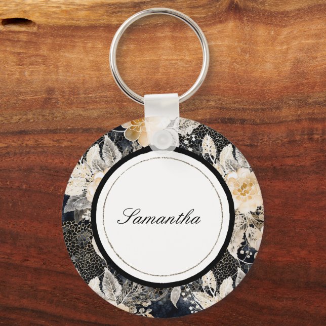 Black Cream Leopard Animal Floral   Keychain (Front)