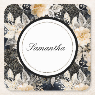 Black Cream Leopard Animal Floral Square Paper Coaster